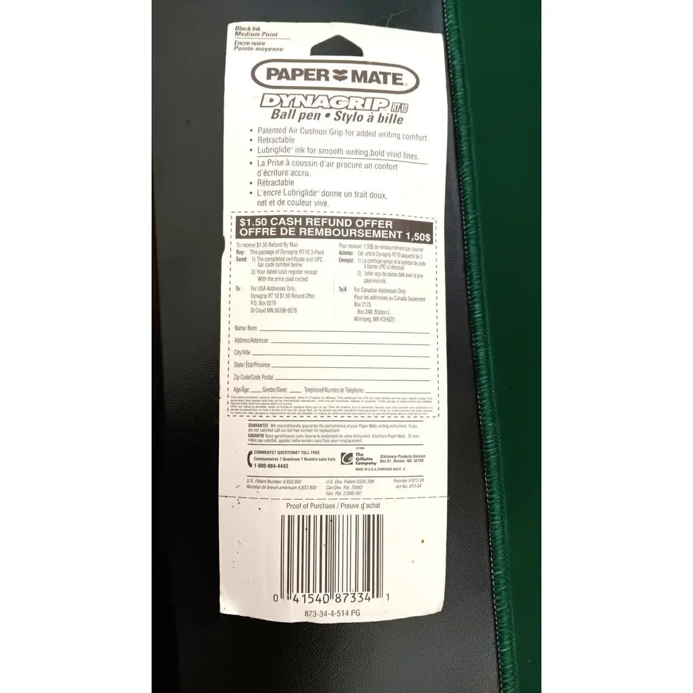 Papermate Dynagrip Black Ink Ball Pen RT10 Medium Point Retract 3 pk 873-34 NEW